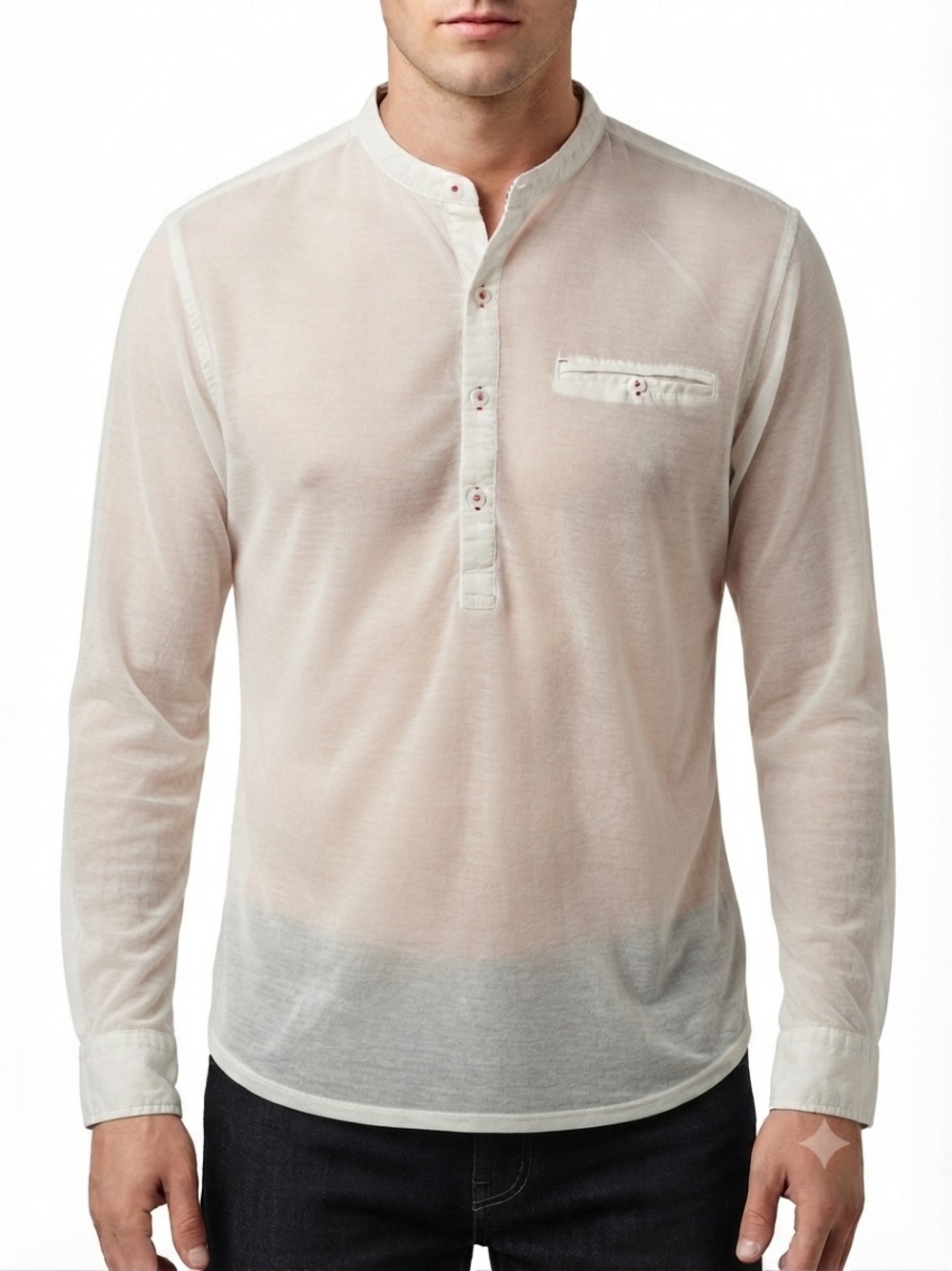 Men's White Band-Collar Button Down Shirt